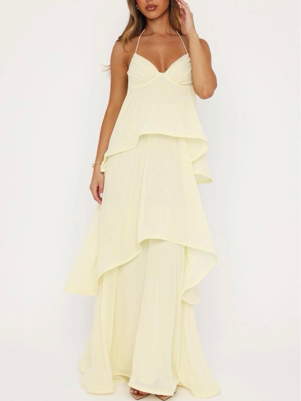 White Fox Boutique Pale Yellow Halter Tiered Maxi Dress